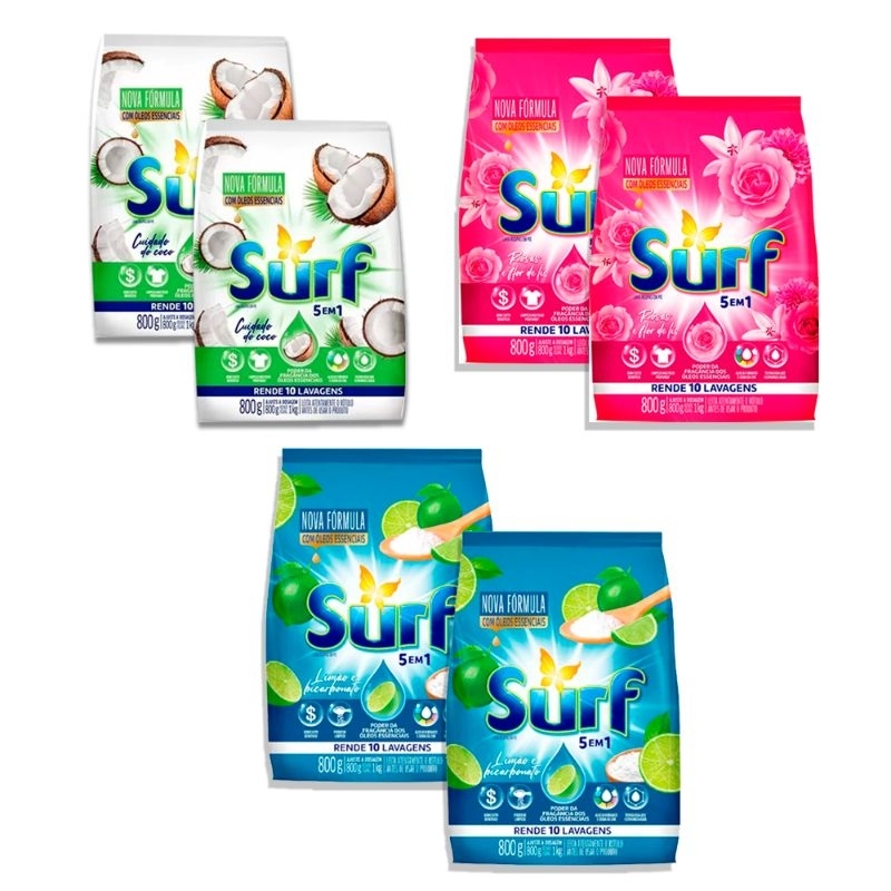 Sabão em Pó 800g Kit com 6 uni 2 flor de Lis, 2 bicarbonato e limão 2 coco