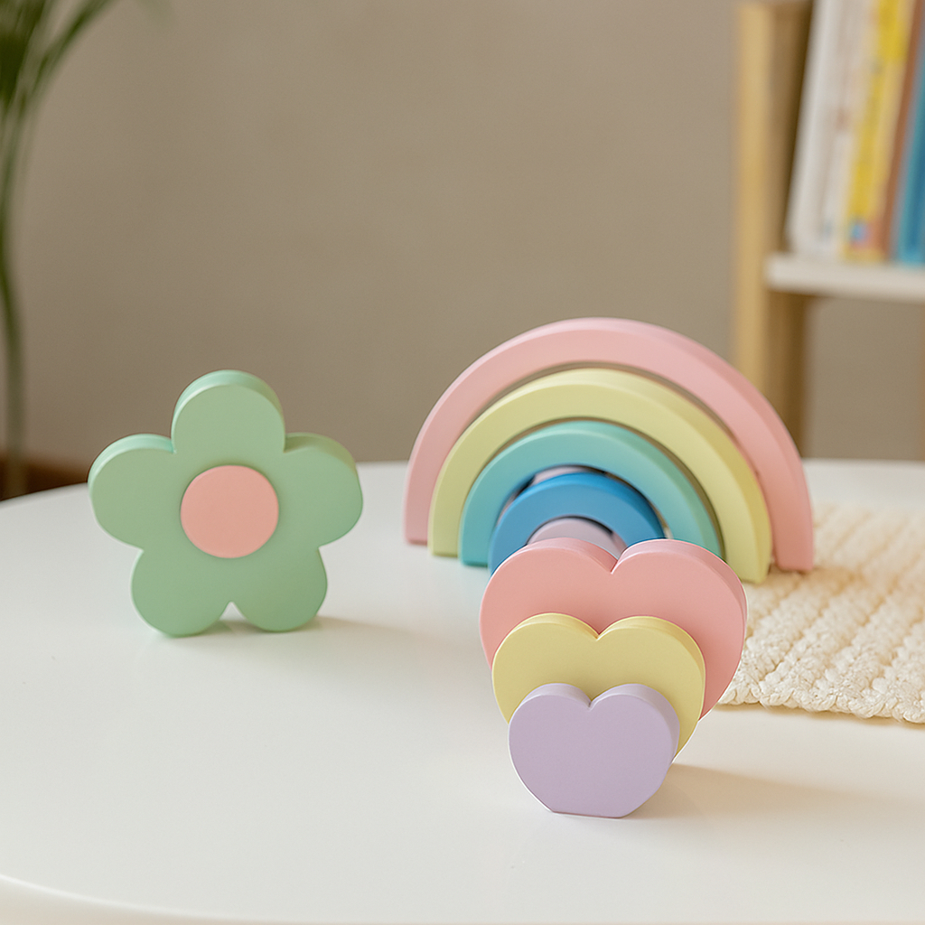 Kit decorativo em MDF – Flor, Arco-íris e Trio de coração