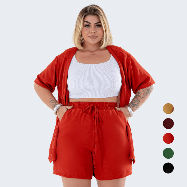 Conjunto Feminino Plus Size Kimono Cardigan e Shor