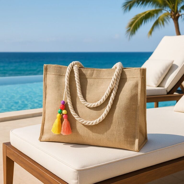 Bolsa de Praia em Juta com Bolinhas Coloridas Eleg