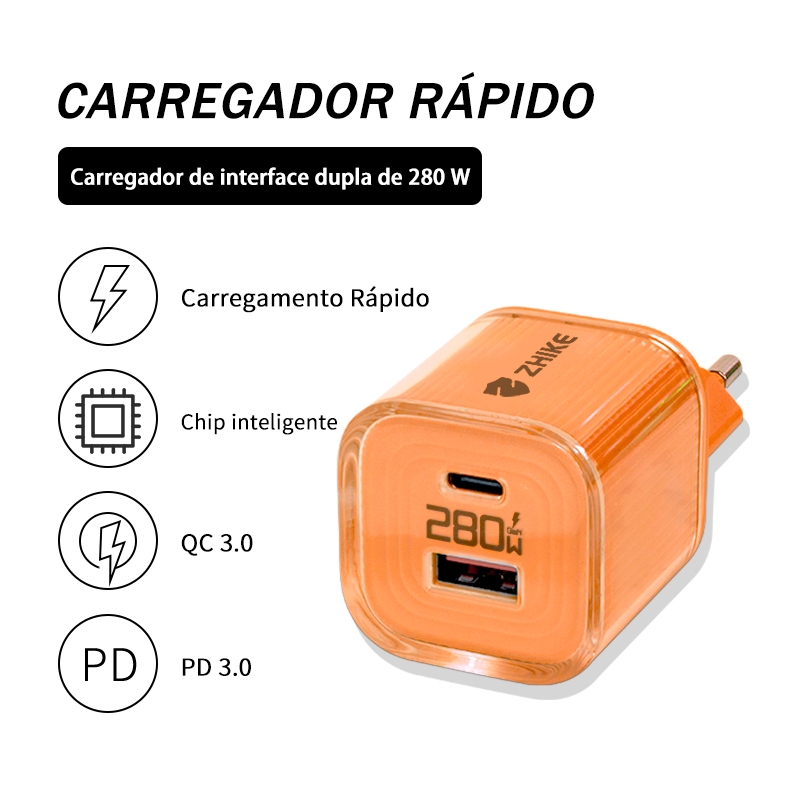 Adaptador De Carregamento Rápido USB A/Tipo C A+C 240 W 280 W GaN Carregador De Parede Para Viagem