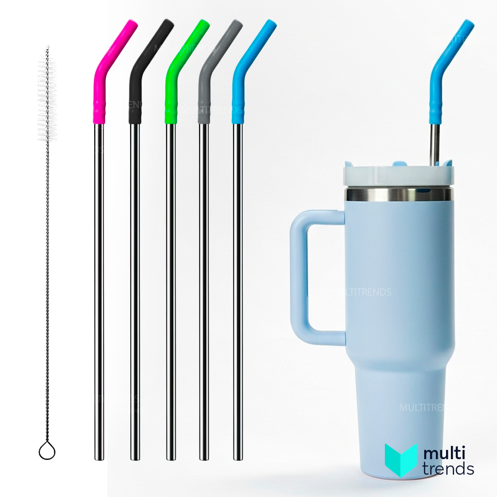Kit Canudo de Aço Inoxidável 30cm com Ponta de Silicone e Escova de Limpeza – Ideal para Copo Térmic