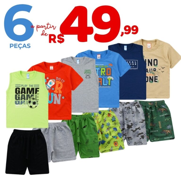 Kit 6 Peças Roupa Menino 3 Camisetas + 3 Bermudas
