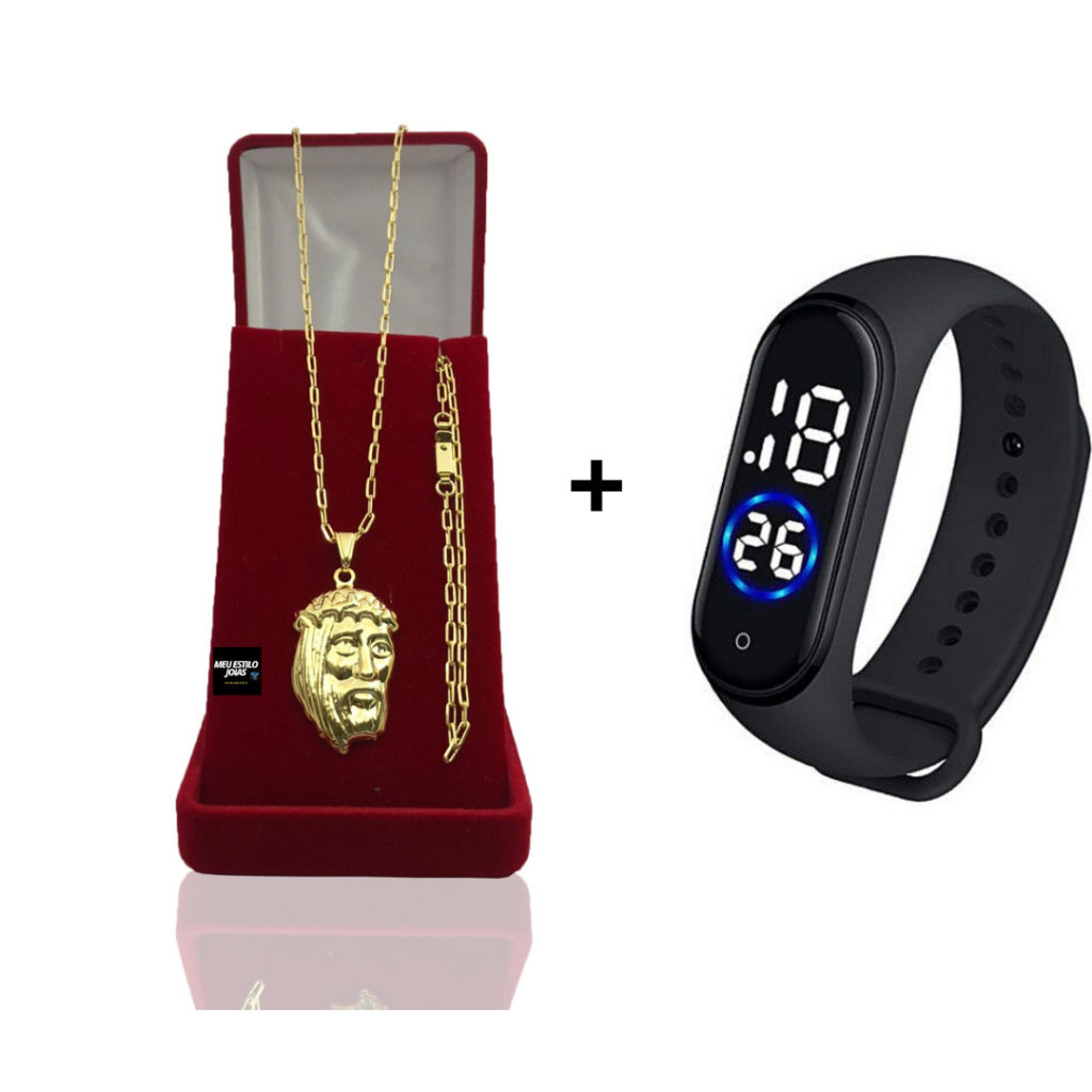Corrente Masculina Infantil Banhado Ouro 2mm Com Pulseira e Pingente Face de Cristo + Relógio Digit