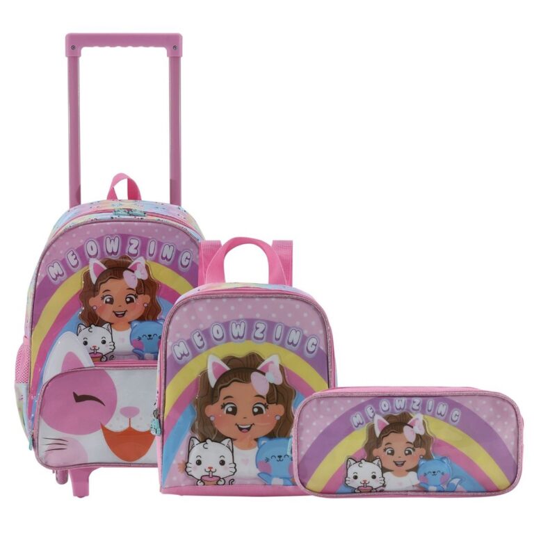 Mochila com Rodinhas + Estojo e Lancheira Infantil