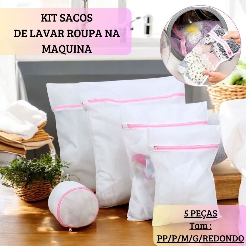 Kit com 5 Sacos De Lavar Roupas Protetor De Roupa Íntima Lingerie Tamanho Grande