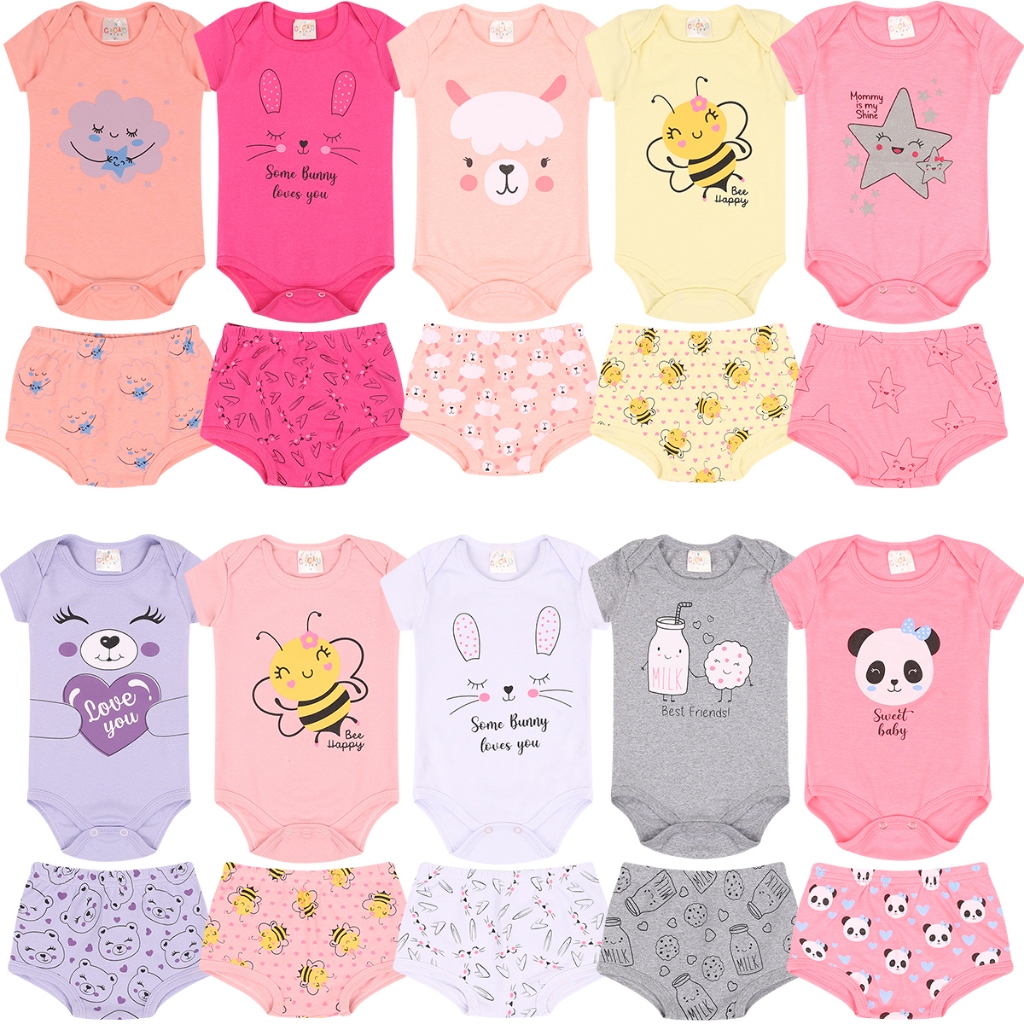 kit 10 peças body + shorts menina 5 body+5 shorts- 5 conjuntos feminino roupa infantil