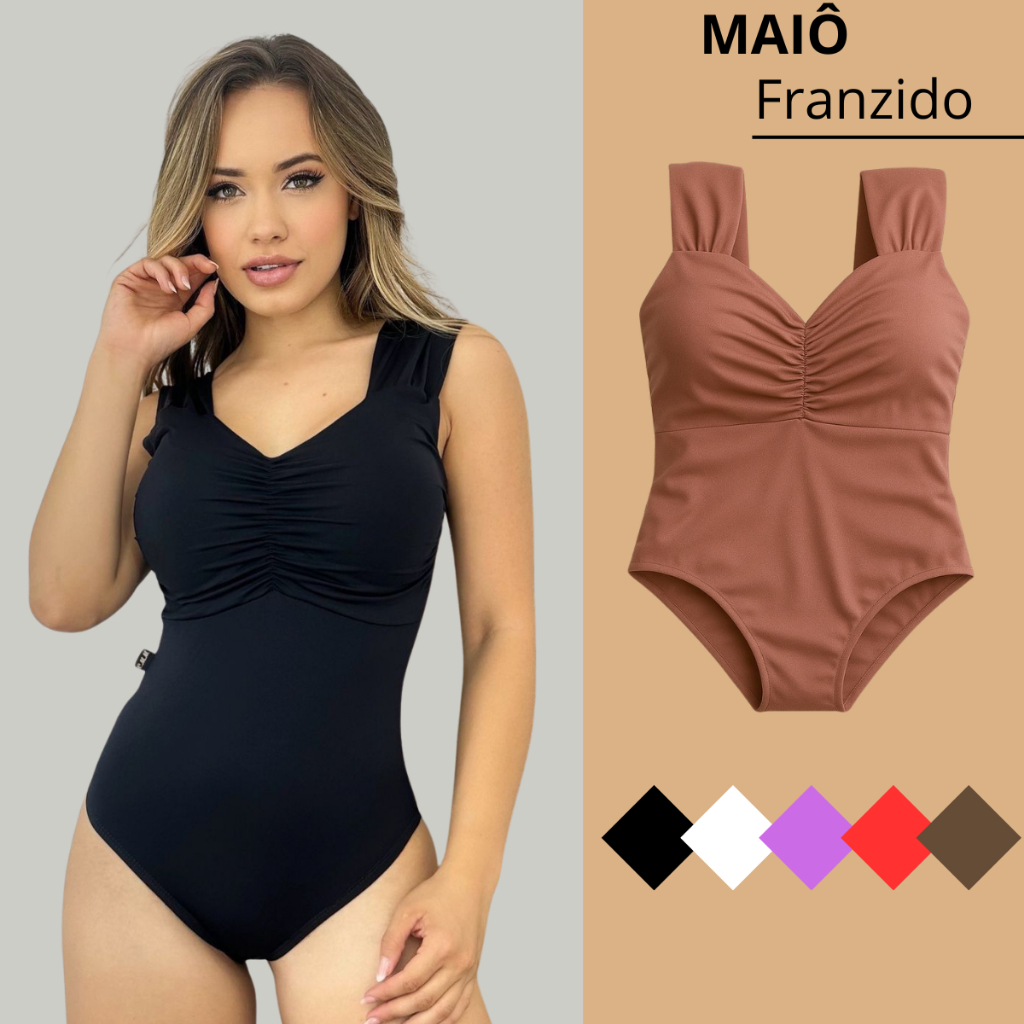 Maiô Body Feminino Moda Praia Bojo Franzido Alça Larga Forrado De Banho