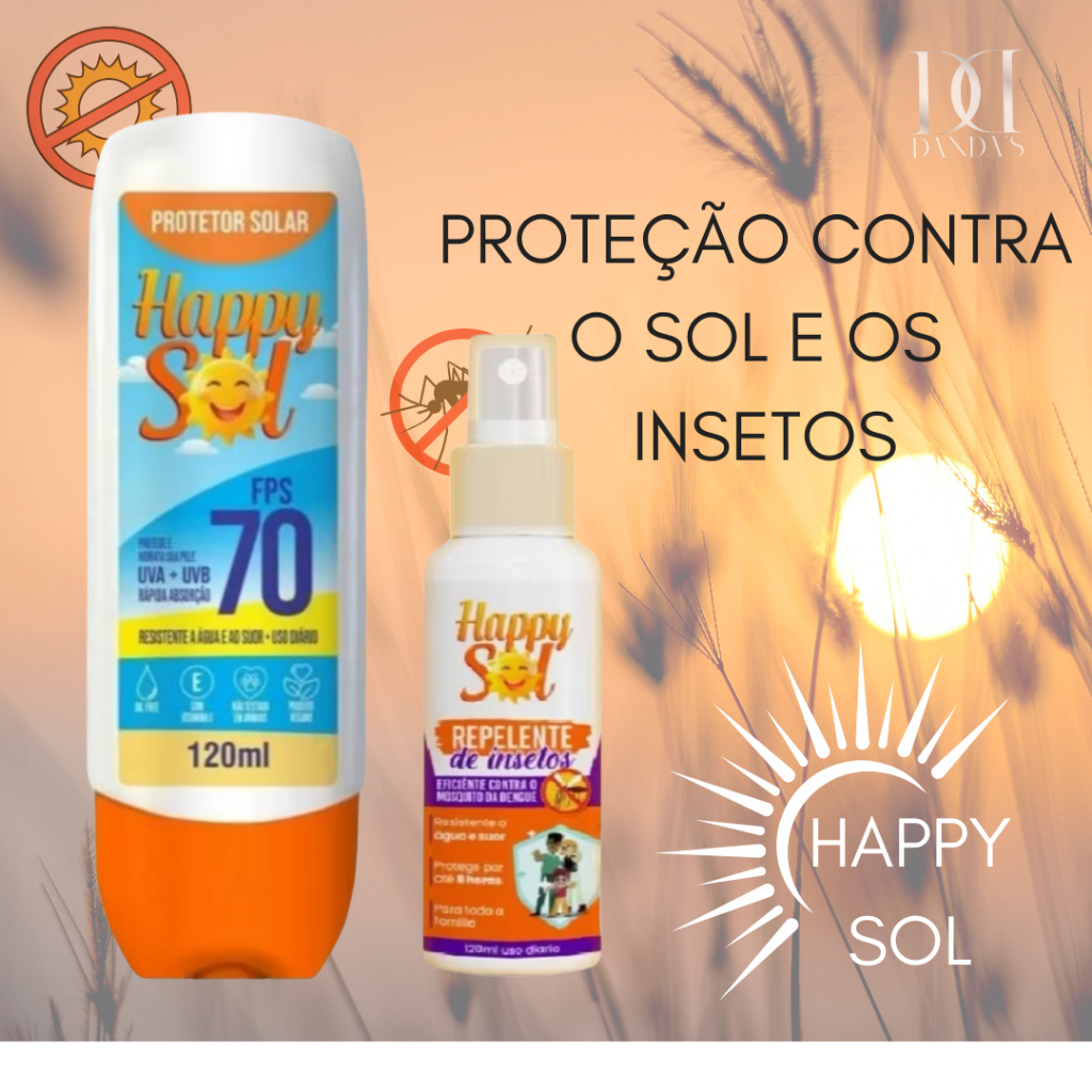 Protetor Solar HAPPY SOL 70 FPS 120ml + Spray Repelente de insetos Happy Sol  120ml