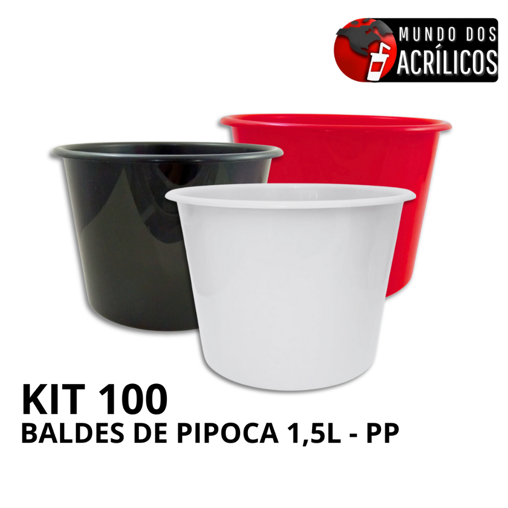 KIT 100 BALDES DE PIPOCA 1,5L PP PARA PERSONALIZAR ADESIVAR FESTA