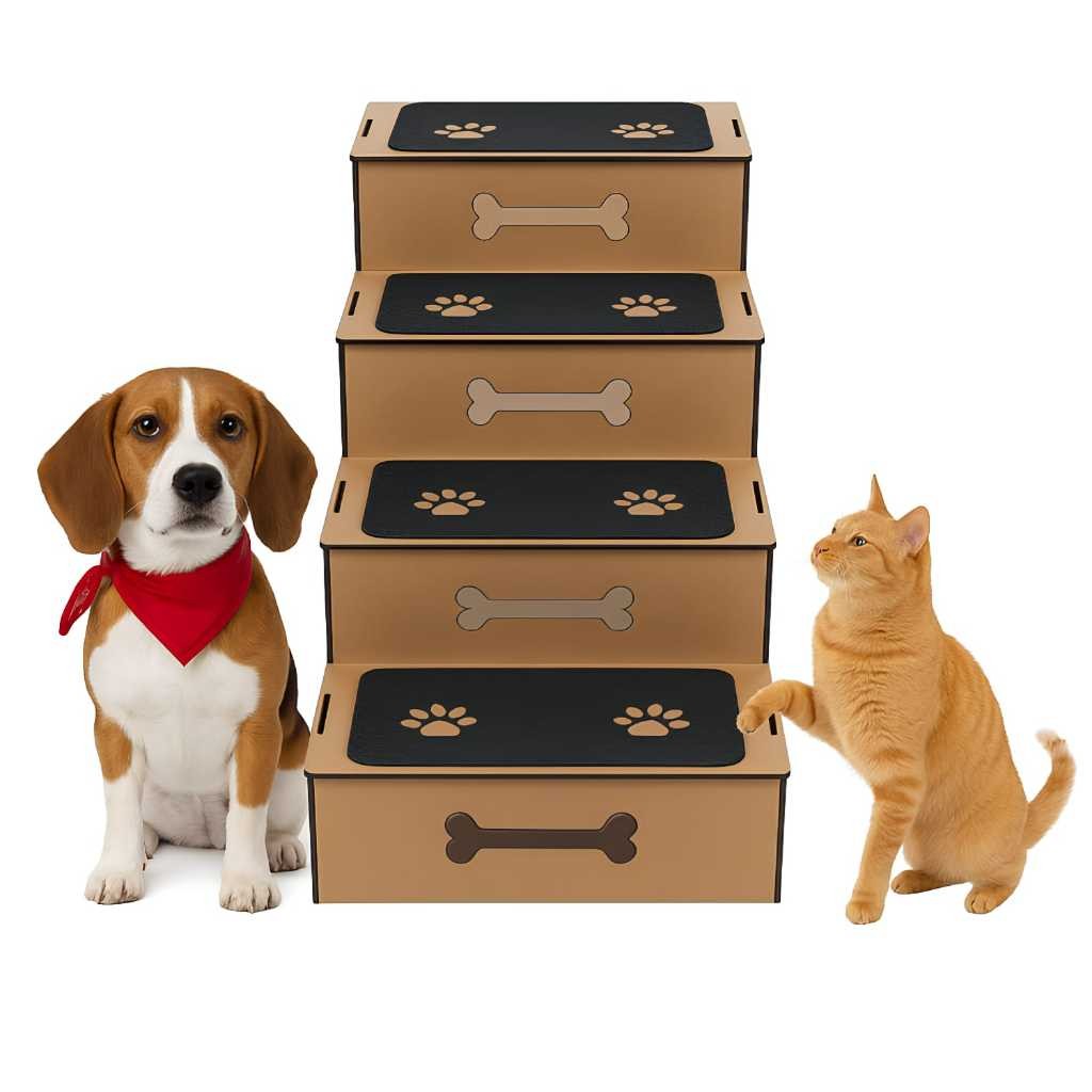 Escada pet 4 degraus cachorro gato antiderrapante arranhador mdf 60 cm carpete p/ sofá cama porte mé