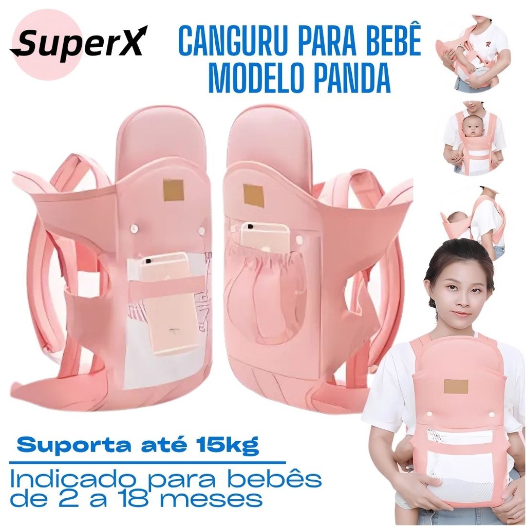 Canguru para Bebê Modelo Panda Ajustável e Respirável Para 2 a 18 Meses Suporta até 15kg Ideal para