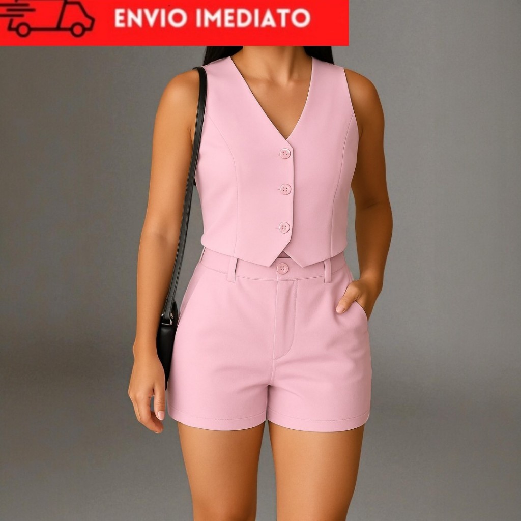 Conjunto de Alfaiataria Feminino Colete com Short  Moda Casual e Social