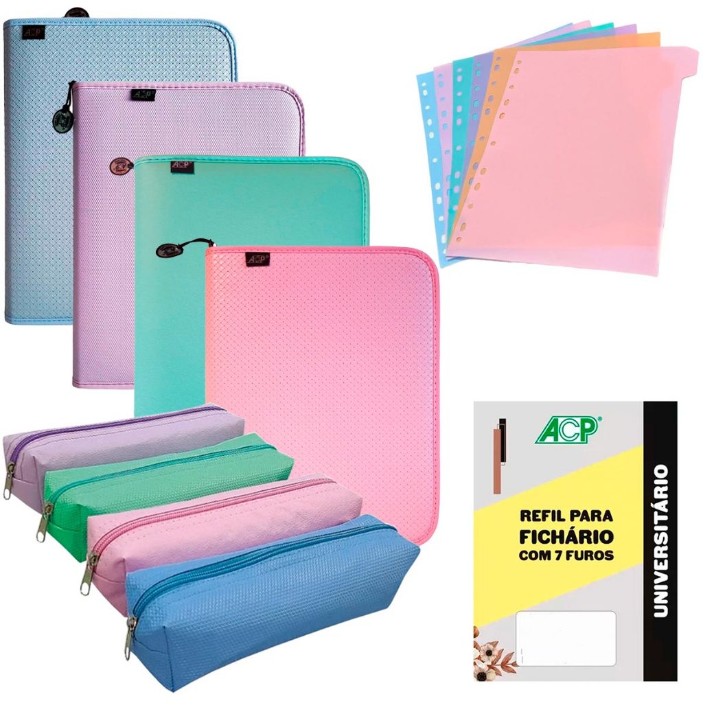 Fichário Argolado Cores Pastéis Universitário ACP Sweet + Estojo + Bloco + Divisórias