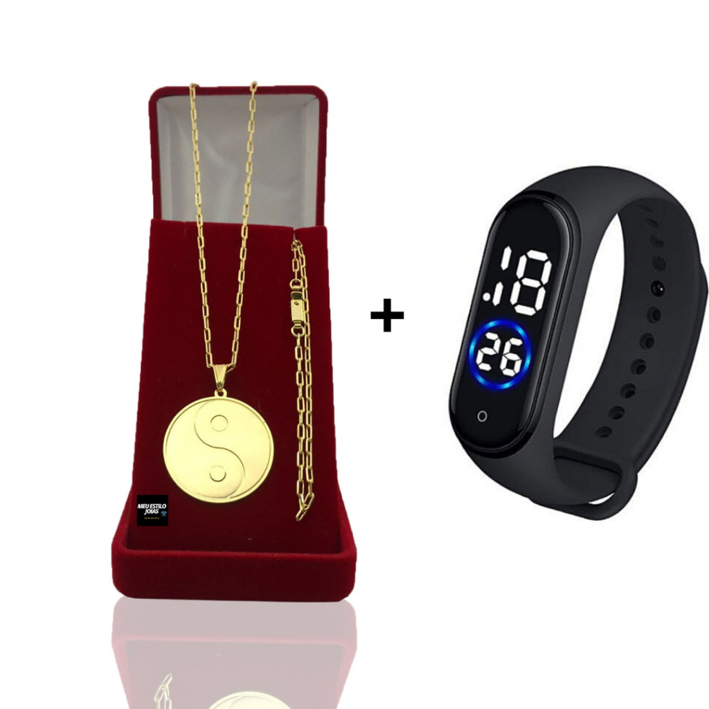 Corrente Masculina Infantil Banhado Ouro 2mm Com Pulseira e Pingente Yang Yang +  Relógio Digital Pr