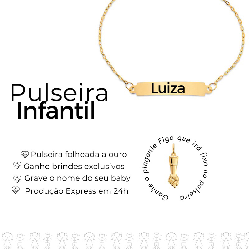 Pulseira Infantil Dourada Bebê Criança Recem Nascido C/ Nome Antialergica