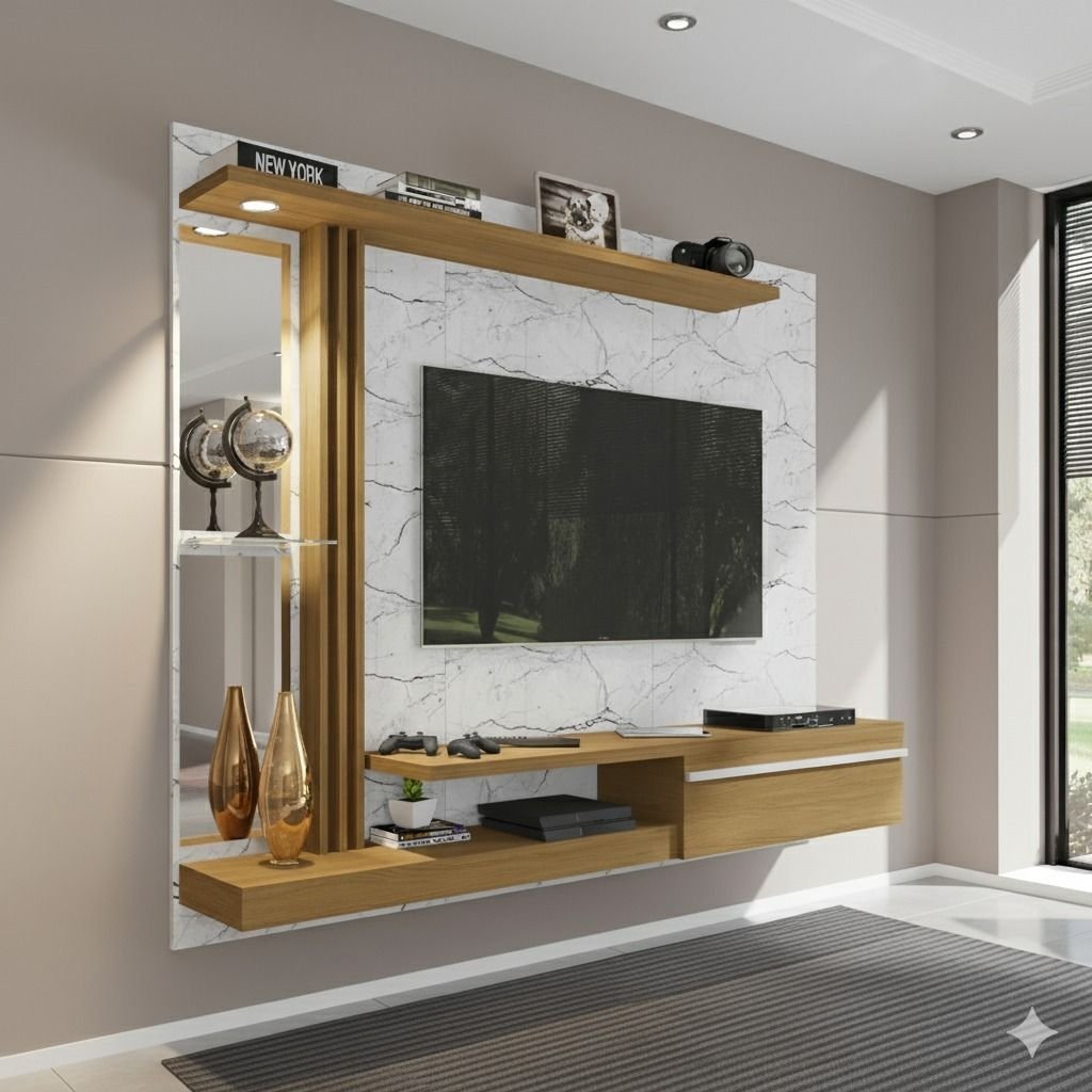 Painel para TV até 55 Polegadas LED Prateleira de Vidro Denver Carrara/Cinamomo