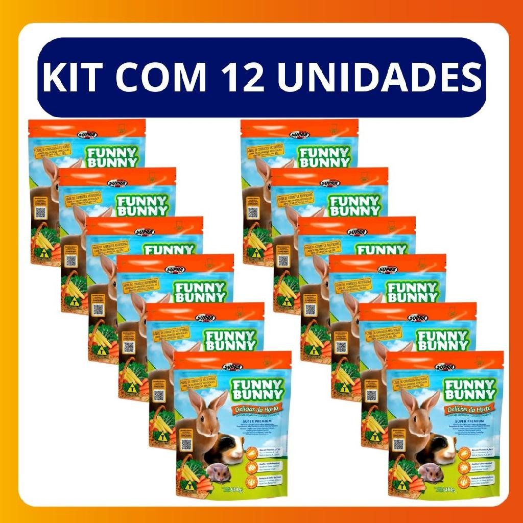 Kit C/12 Unidades Ração de Coelho Funny Bunny Delícias da Horta 500g