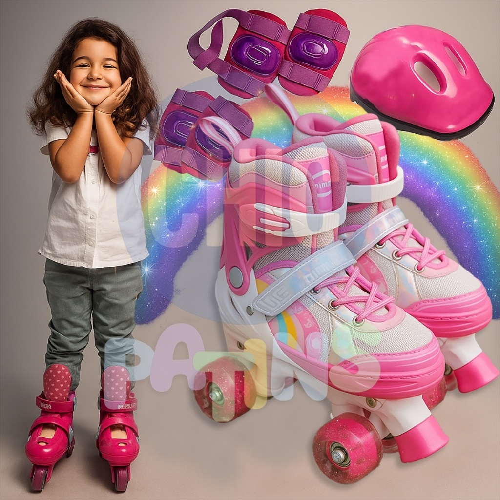 Patins Infantil 4 Rodas Menina + Proteção Ajustável Rosa ARCO-IRIS Com Luz De Led Patins Quad Menino