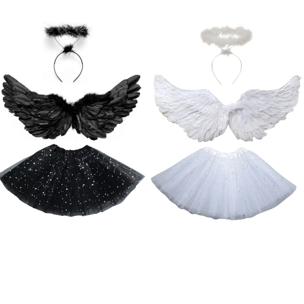 Kit Asa Anjo Tiara + Saia Fantasia Halloween Carnaval Festa
