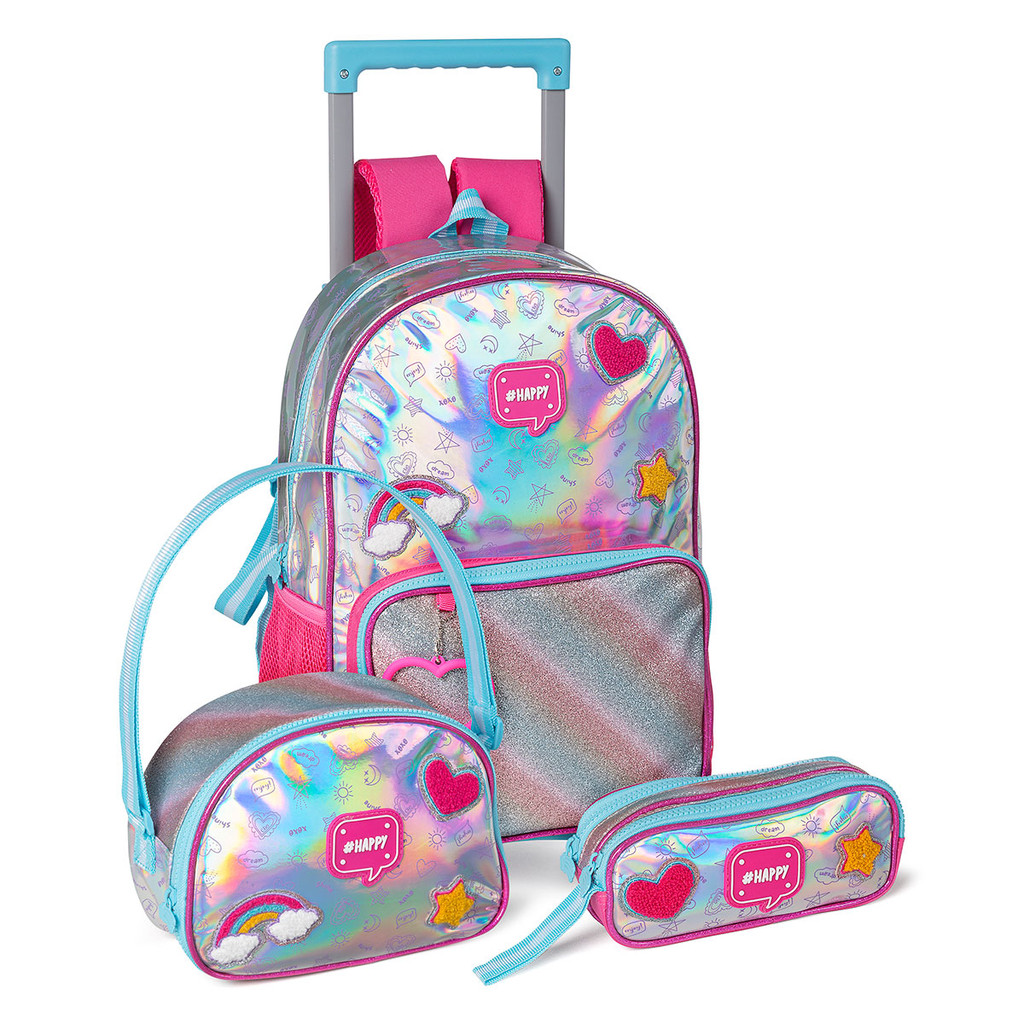 Kit Mochila Rodinha Holográfica Happy Clio Lancheira Estojo Meninas Volta Às Aulas