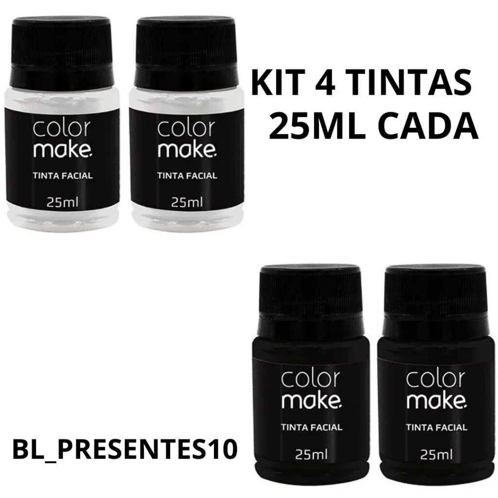Kit 4 Tintas ColorMake 25ml (2 Pretas e 2 Brancas)  Maquiagem Artistica Hallowen Pintura