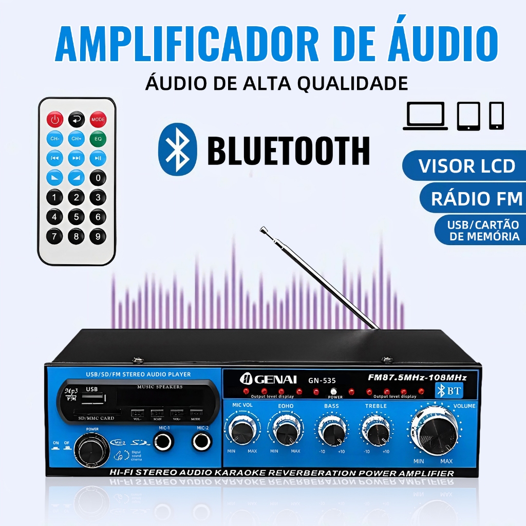 Amplificador Profissional 1200W Bluetooth – 2 Canais, USB/SD, FM, Karaokê, Controle Remoto – 110V