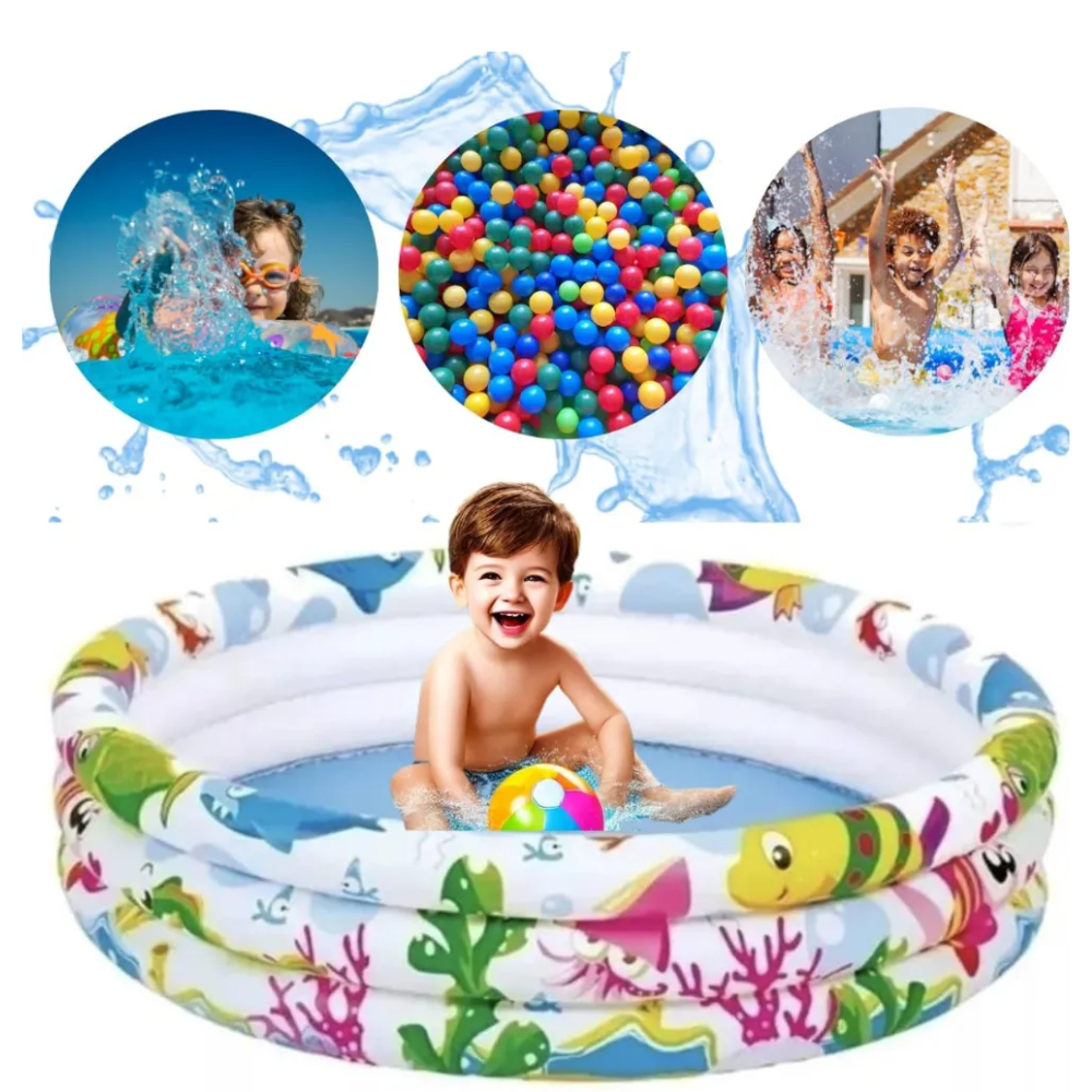 Piscina Infantil Inflável 180 Litros  3 Anéis para Uso Com Água ou Bolinha 107x25cm Estampa Fundo Do