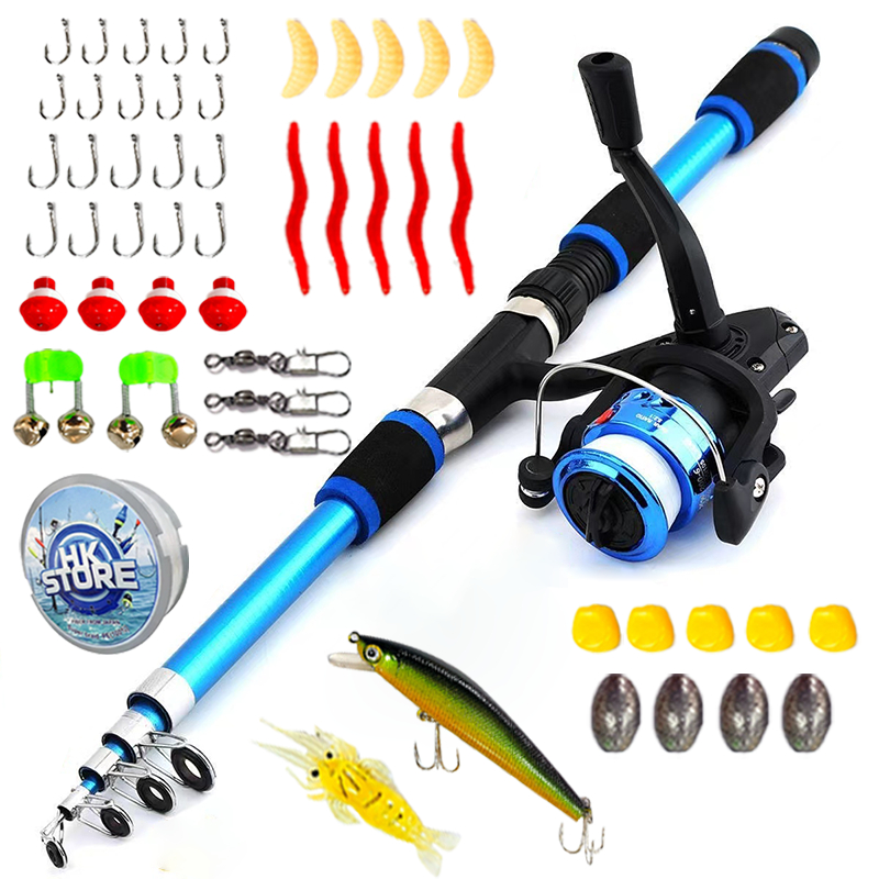 Kit De Pesca Completo 1 Vara Telescópica 12 Lbs + 1 Molinete Com Linha – Acessórios Iscas, Anzóis, C