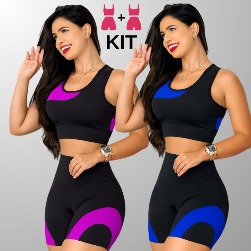 Kit 2 Conjuntos Academia Feminina  Top + Shot Cintura Alta e Modeladora