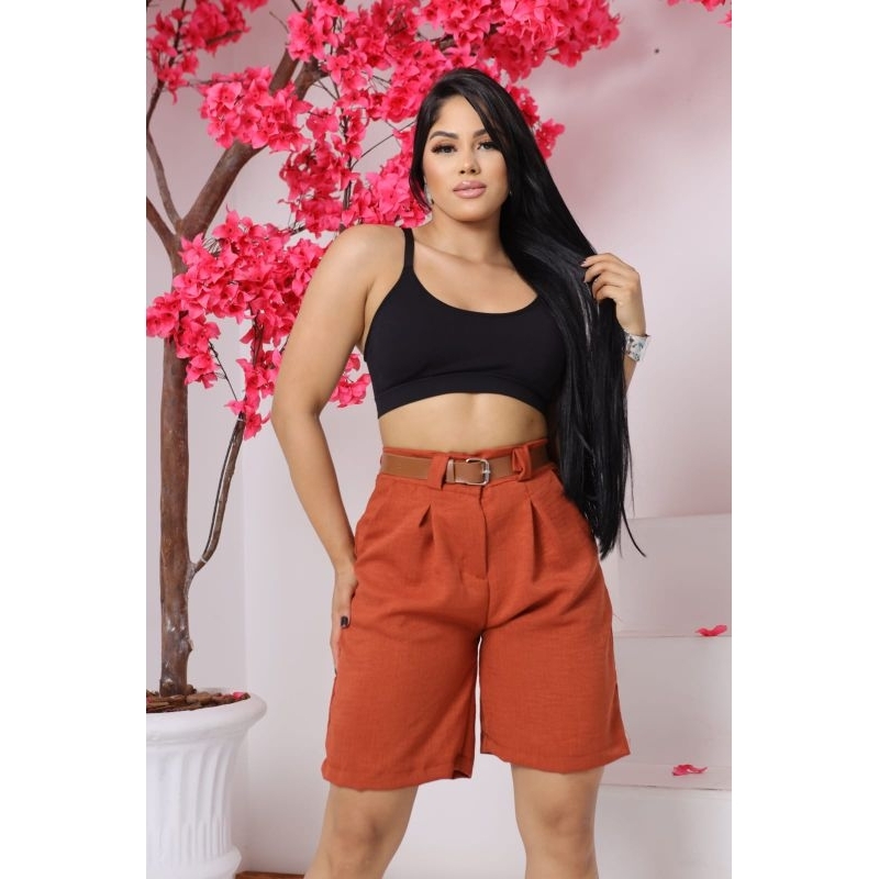 Bermuda De Linho Feminina Social Alfaiataria con Cinto Marron.