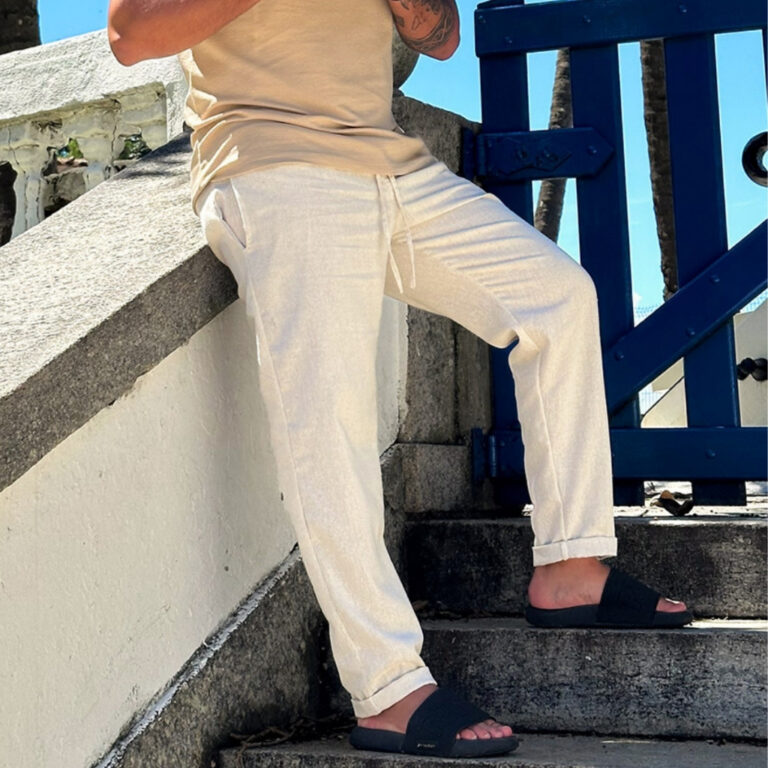 Calça De Linho Masculina Rústica Leve Bege Praia
