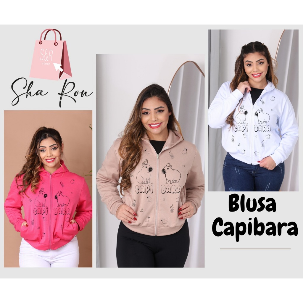 Blusa Moletom Adulto Feminina Poliéster Estampa Exclusiva CAPIBARA Com Capuz