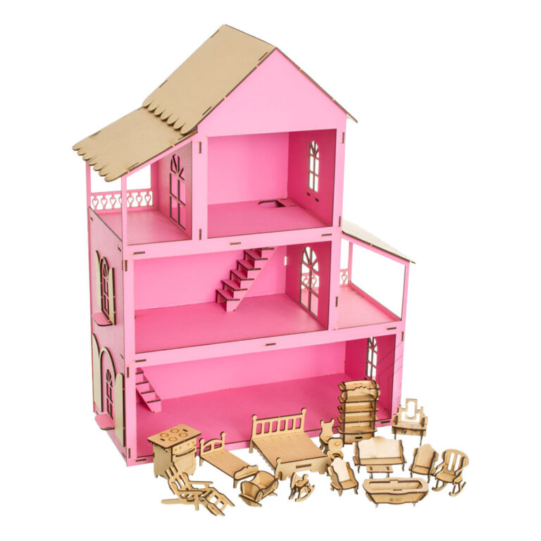 Casa De Boneca Des – Montada Rosa Com Móvei