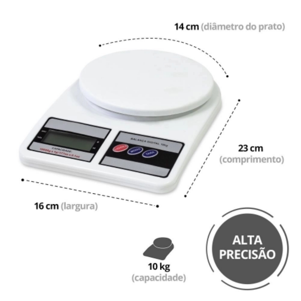 Balança Branca de Cozinha de Precisão 10kg Pesagem Alimentos Portatil Tara Digital Display