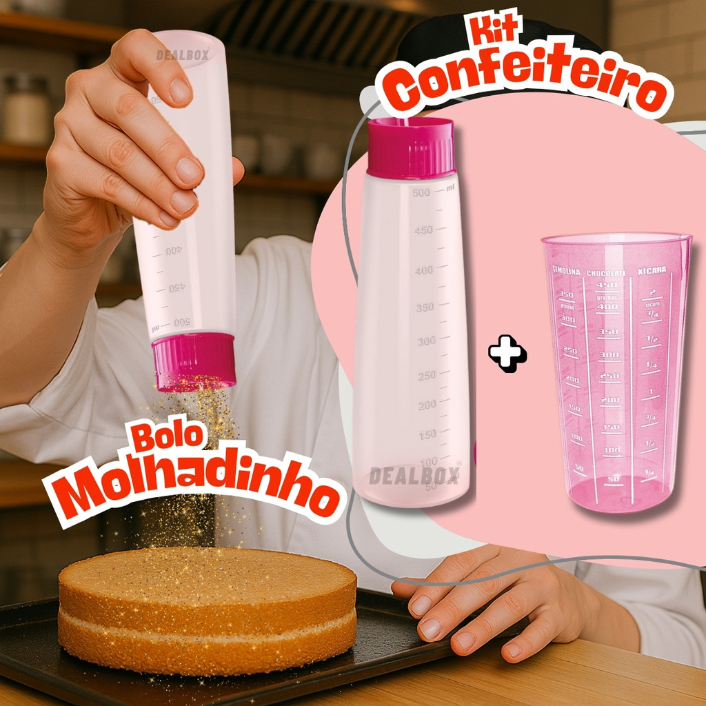Kit Regador de Bolo Bisnaga para Umedecer + Copo Medidor Rosa 570ml