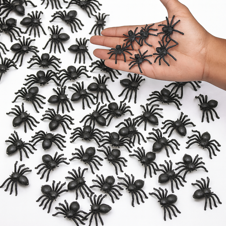 Kit Ate 200 Aranha + Teia Falsa De Mentira Susto Brincadeira Decoração Dia das Bruxas e Halloween