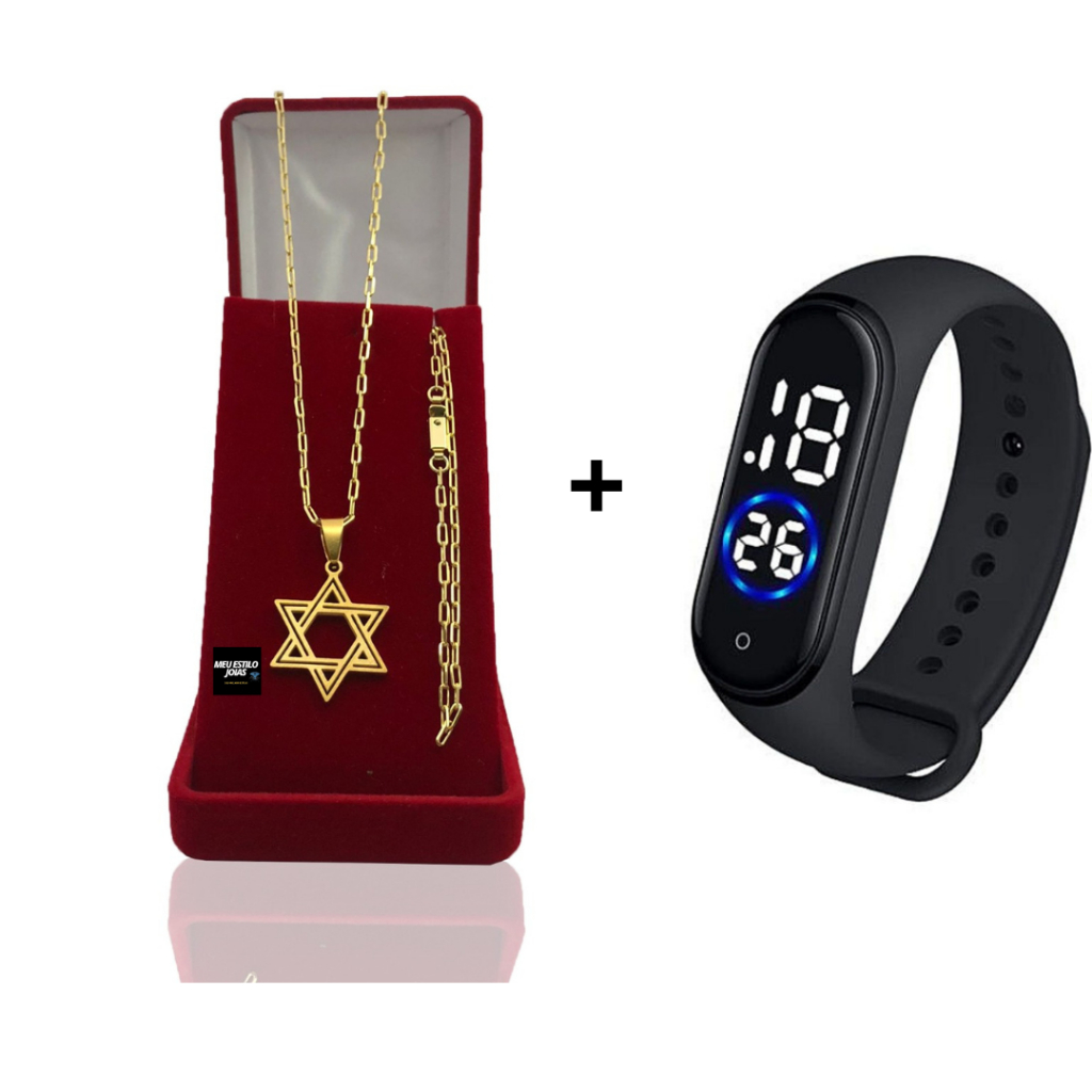 Corrente Masculina Infantil Banhado Ouro 2mm Com Pulseira e Pingente Estrela de Davi +  Relógio Digi