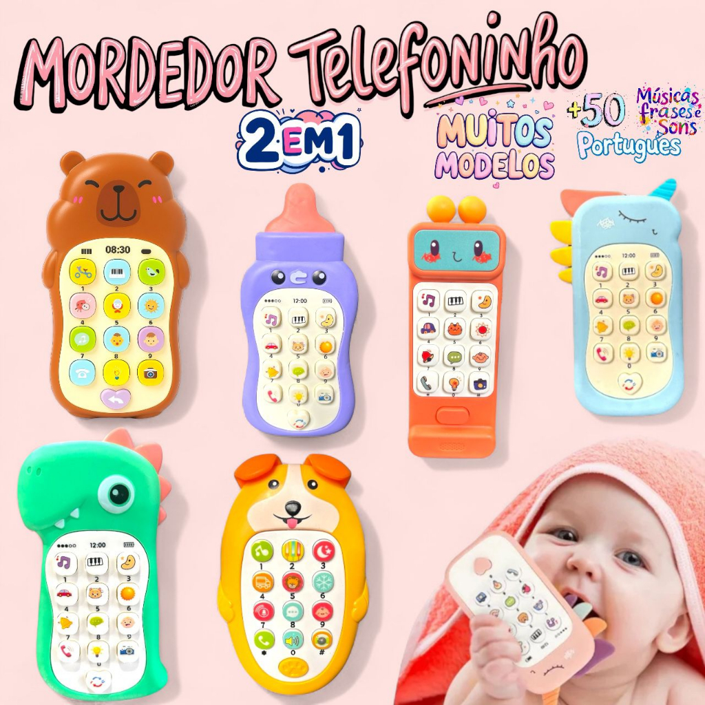 Mordedor e Telefone Celular Infantil Educativo Musical 2 em 1 brinquedo para bebê Livre de BPA