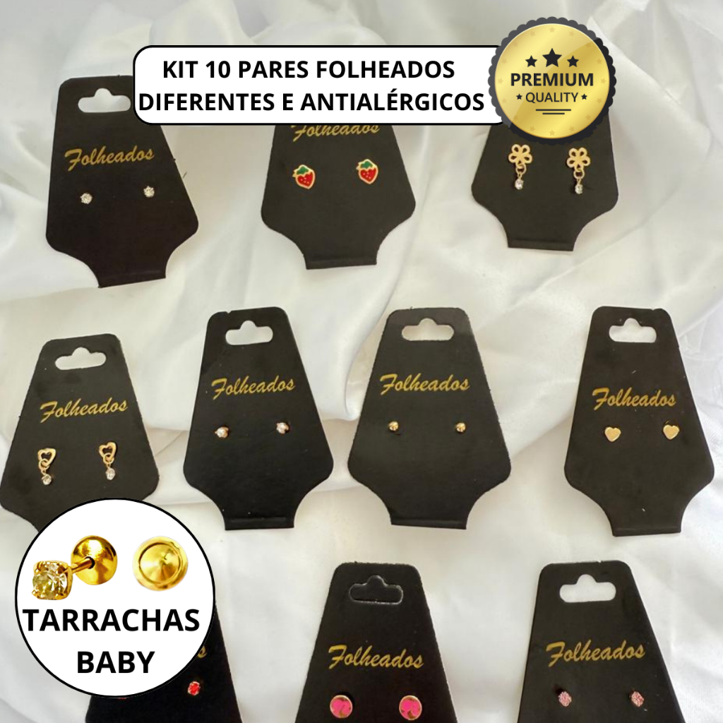Kit 10 Pares Brincos Infantil Tarraxa Baby Folheados a ouro 18k Antialergico Criança Garantia Atacad