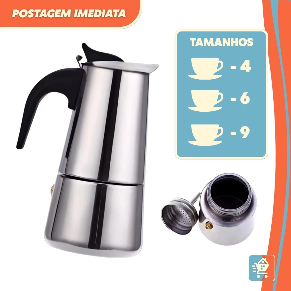 Cafeteira Italiana Inox Premium Expressa Fogão Gás e Elétrico 4 Xicaras 200ml 6 Xicaras 300ml 9 Xica