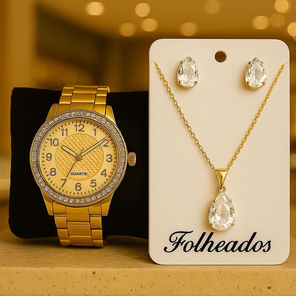 Relogio feminino a prova dágua DHP kit de colar e brinco folheado