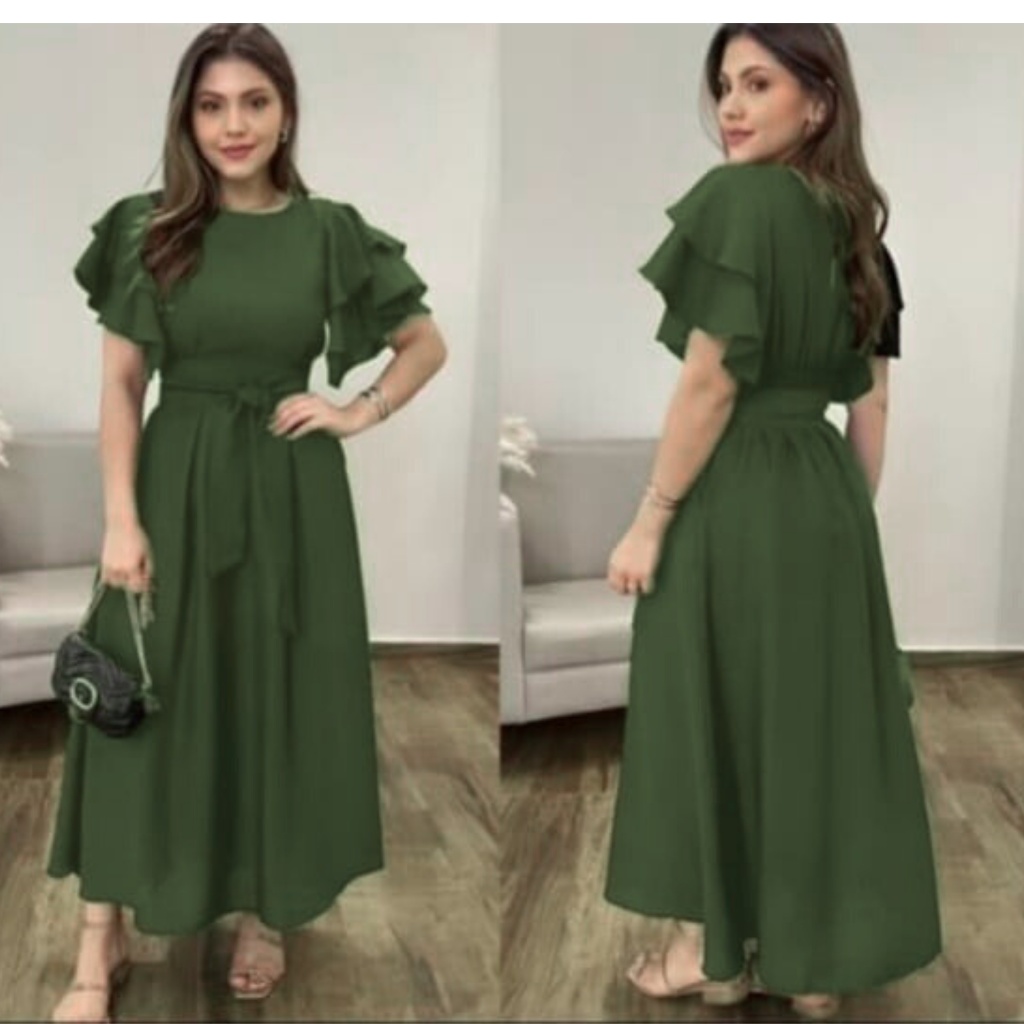 Vestido Feminino Midi Elegante Con forro y Manga Babado