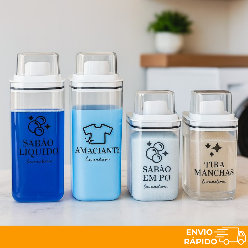 Dispensers Lavanderia Organizador Acrílico 2,3 litros ou 1,5 Litros – Amaciante, Sabão em Pó e Liqui