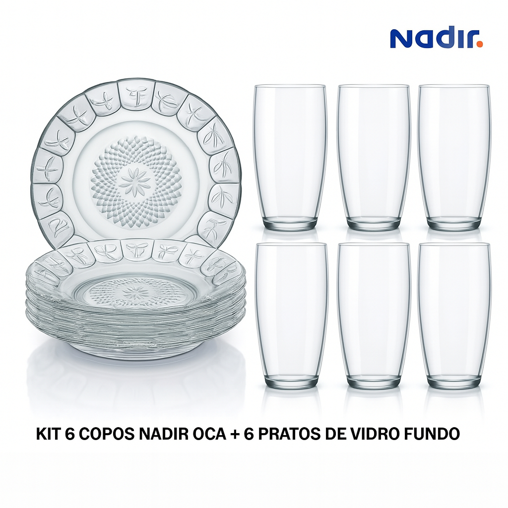 Kit 6 Copos ou Taça De Vidro + 6 Pratos Fundos Vidro Resistente Mesa Jogo Cozinha Refeição Decoração