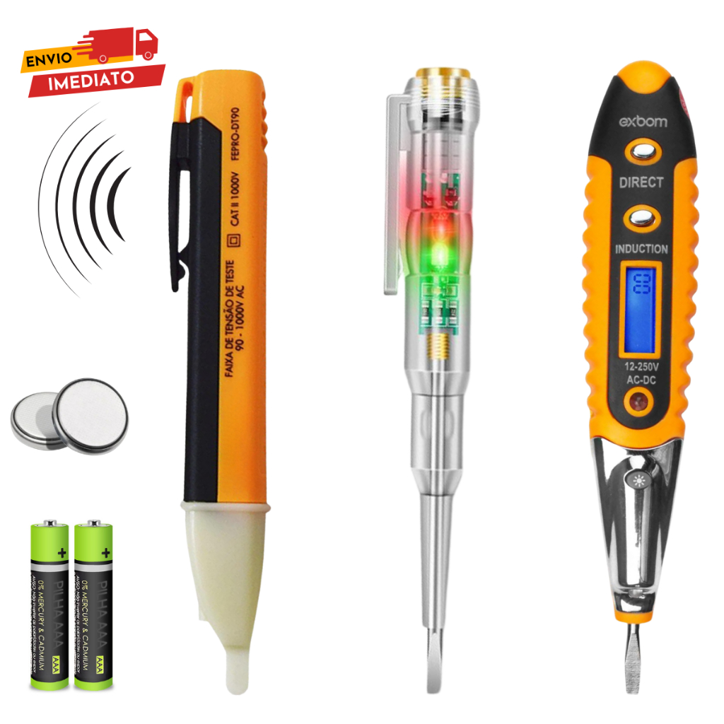 Kit 3 em 1 Caneta Detectora de Tensão e Chave Teste Digital de Corrente + Chave Fenda Teste Voltagem