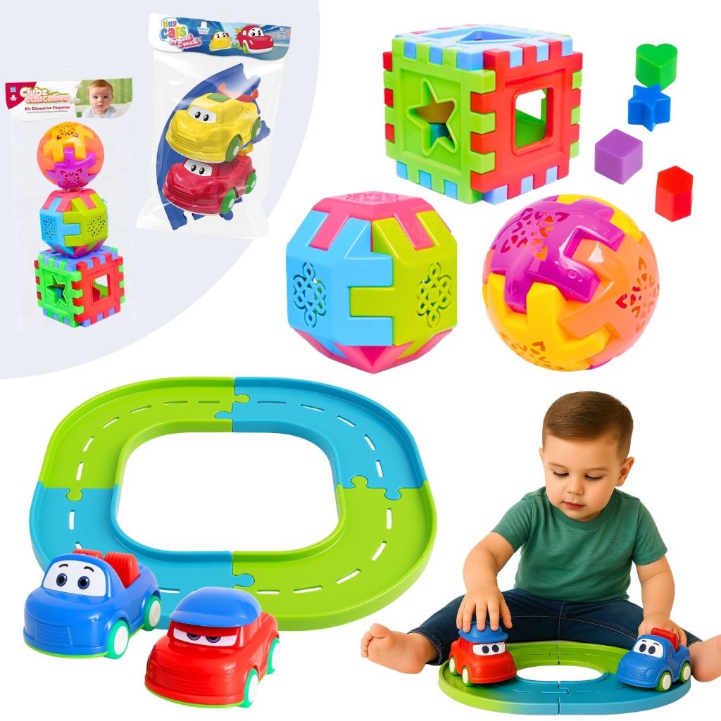 Kit 4 Brinquedos Educativo Cubos + Carros Com Pista Didático Infantil Formas Interativas 29 Peças