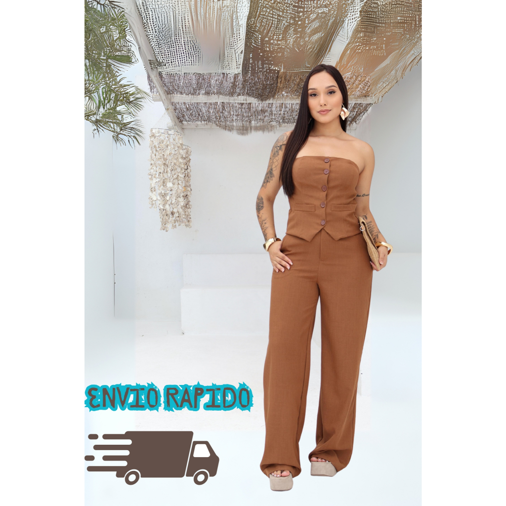 Conjunto Estilosa Social Feminino com Tomara Que Caia e Calça Pantalona Alta Qualidade Premium (Teci