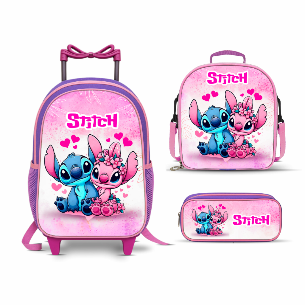 Mochila escolar infantil Stitch + Lancheira Térmica + Estojo de Rodinhas Reforçada