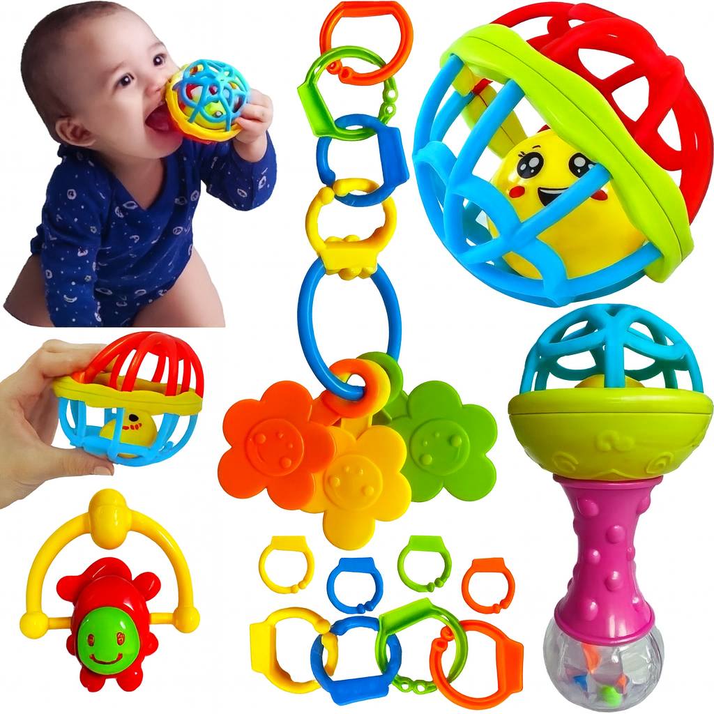 Brinquedo Infantil Kit 8 peças Mordedor para Bebe Sensorial Macio com Chocalho